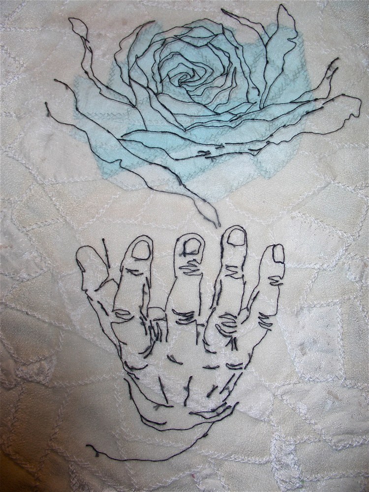 Sumi Foley, Labor of Love series, boneless embroidery, silk patchwork, blue rose, right hand, Elizabeth Weaver photo