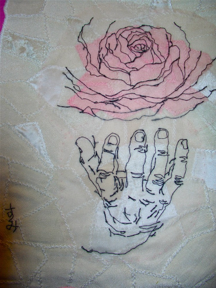 Sumi Foley, Labor of Love series, boneless embroidery, silk patchwork, pink rose, right hand, Elizabeth Weaver photo